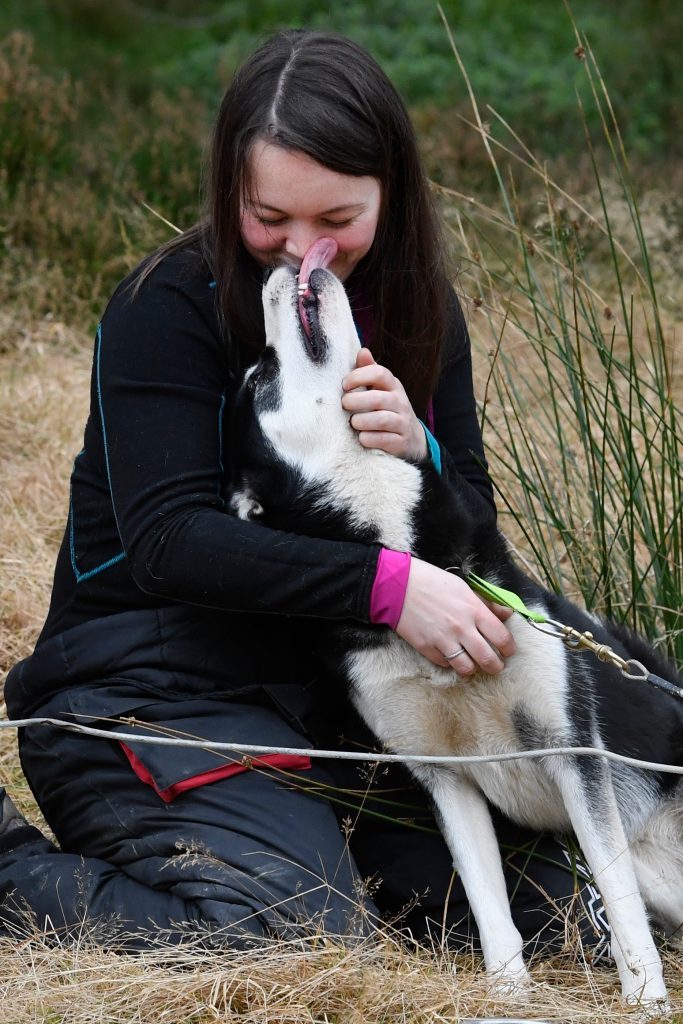 Kirsty Munday hugs her huskie during practice at a forest course ahead of the Aviemore Sled Dog Rally on January 24, 2016 in Feshiebridge, Scotland. Huskies and sledders prepare ahead of the Siberian Husky Club of Great Britain 34th race taking place at Loch Morlich this weekend near Aviemore. (Photo by Jeff J Mitchell/Getty Images)