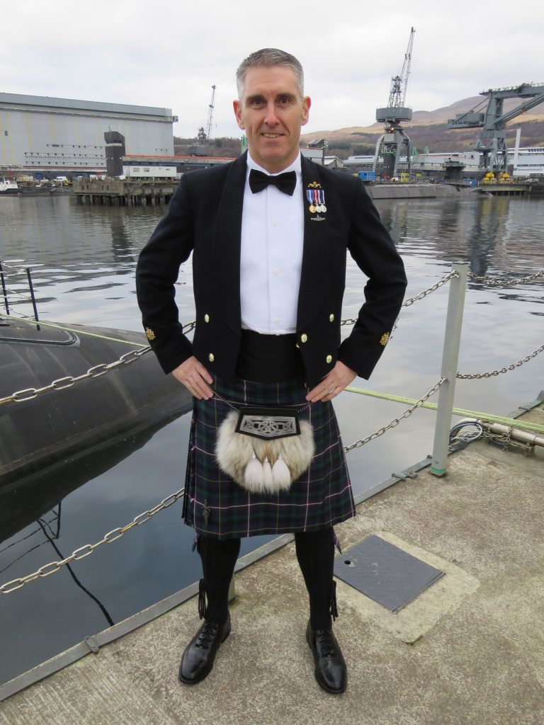 Warrant Officer Stephen Thomson modelling the first kilt to be made from the new Submarine Service tartan. (Royal Navy/MoD/Crown copyright/PA Wire)