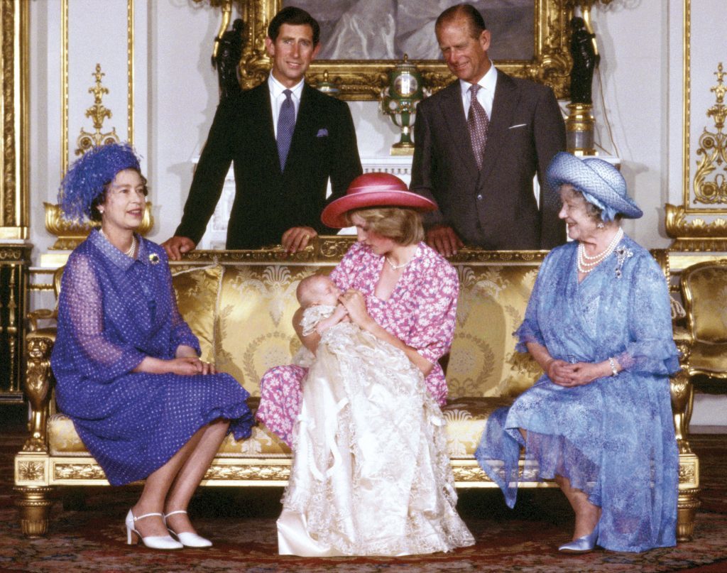 The Royal family at Buckingham Palace, London, on the day of Prince William's christening. Standing (from left): the Prince of Wales and the Duke of Edinburgh; seated (from left): Queen Elizabeth II, the Princess of Wales holding Prince William, and the Queen Mother.