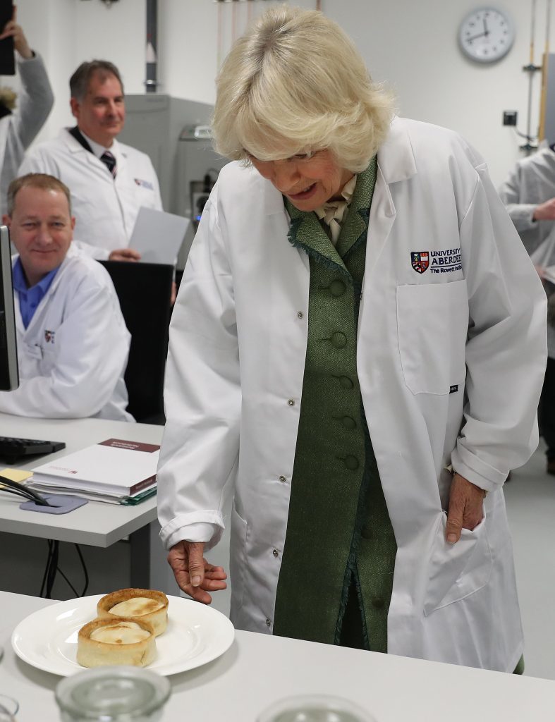 The Duchess of Cornwall views a scotch pie during a visit to the new Rowett Institute of Nutrition and Health (Andrew Milligan/PA Wire)