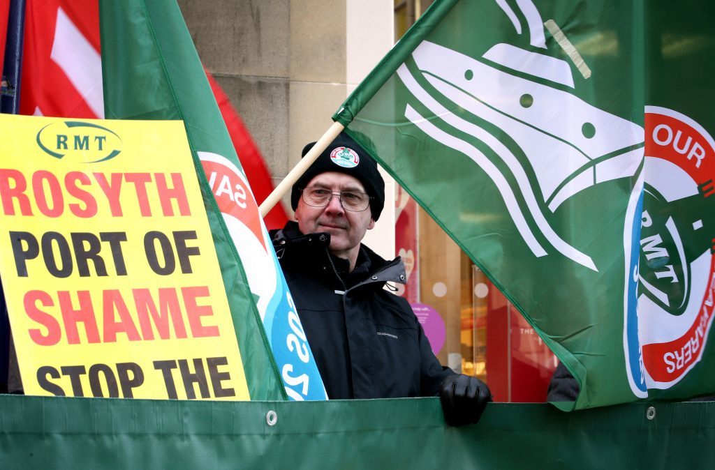 The protest highlights what the union describes as poverty pay rates on Scotland's only roll-on roll-off freight link to Europe. (Jane Barlow/PA Wire)