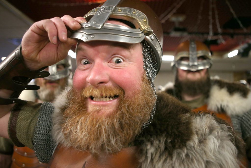 A member of the Jarl Squad dressed in a Viking suit at the Royal British Legion club during their parade through the streets in Lerwick on the Shetland Isles during the Up Helly Aa Viking festival. PRESS ASSOCIATION Photo. Picture date: Tuesday January 31, 2017. See PA story SCOTLAND Vikings. Photo credit should read: Jane Barlow/PA Wire