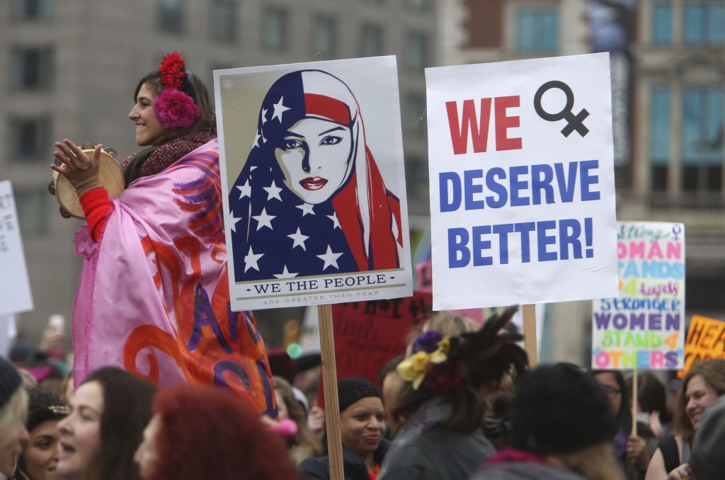 Thousands of people gather as they prepare to march in protest of President Donald Trump Saturday Jan. 21, 2017 in Philadelphia. The march is being held in solidarity with similar events taking place in Washington and around the nation.(AP Photo/Jacqueline Larma)