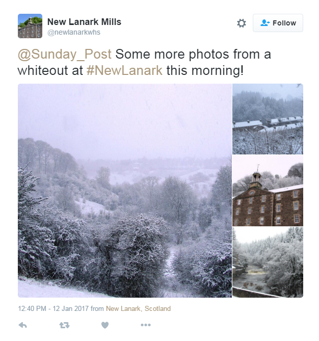 New Lanark Mills shared these amazing winter whiteout pics from this morning. 