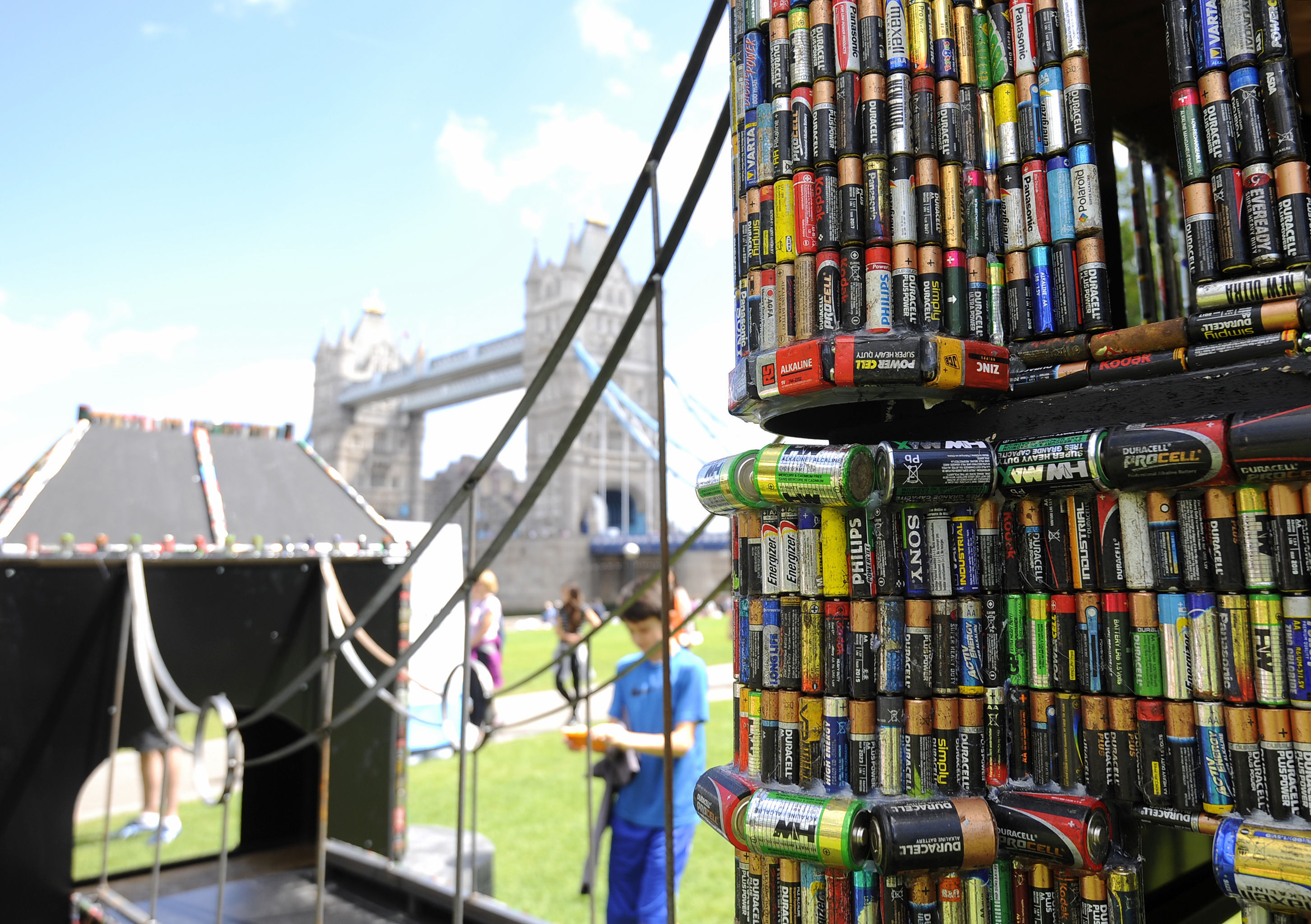 A sculpture of Tower Bridge made out of 83,000 recycled batteries (PA)