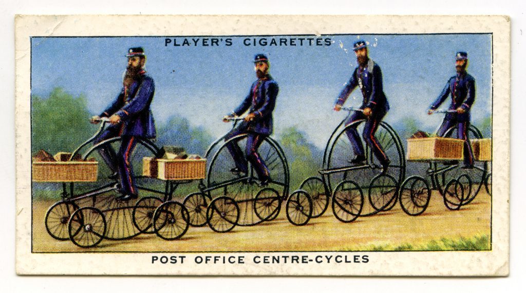 In 1882, experiments were held with pentacycles in the Horsham district in Sussex, these machines were colloquially known as the Hen and Chicks, or, a Penny Farthing with stabilizers. Their use was not deemed successful in official circles, though they did find favour amongst some of the riders using them. ‘On a perfectly smooth and level surface, the “Centre-Cycle” may be everything that can be desired - but for ordinary travelling, it is said to be an “impractical machine’.