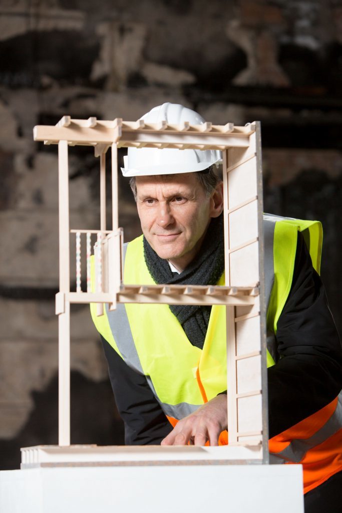David Page of PagePark Architects with a scale model of the Mackintosh Library bay, (McAteer Photograph/PA Wire)