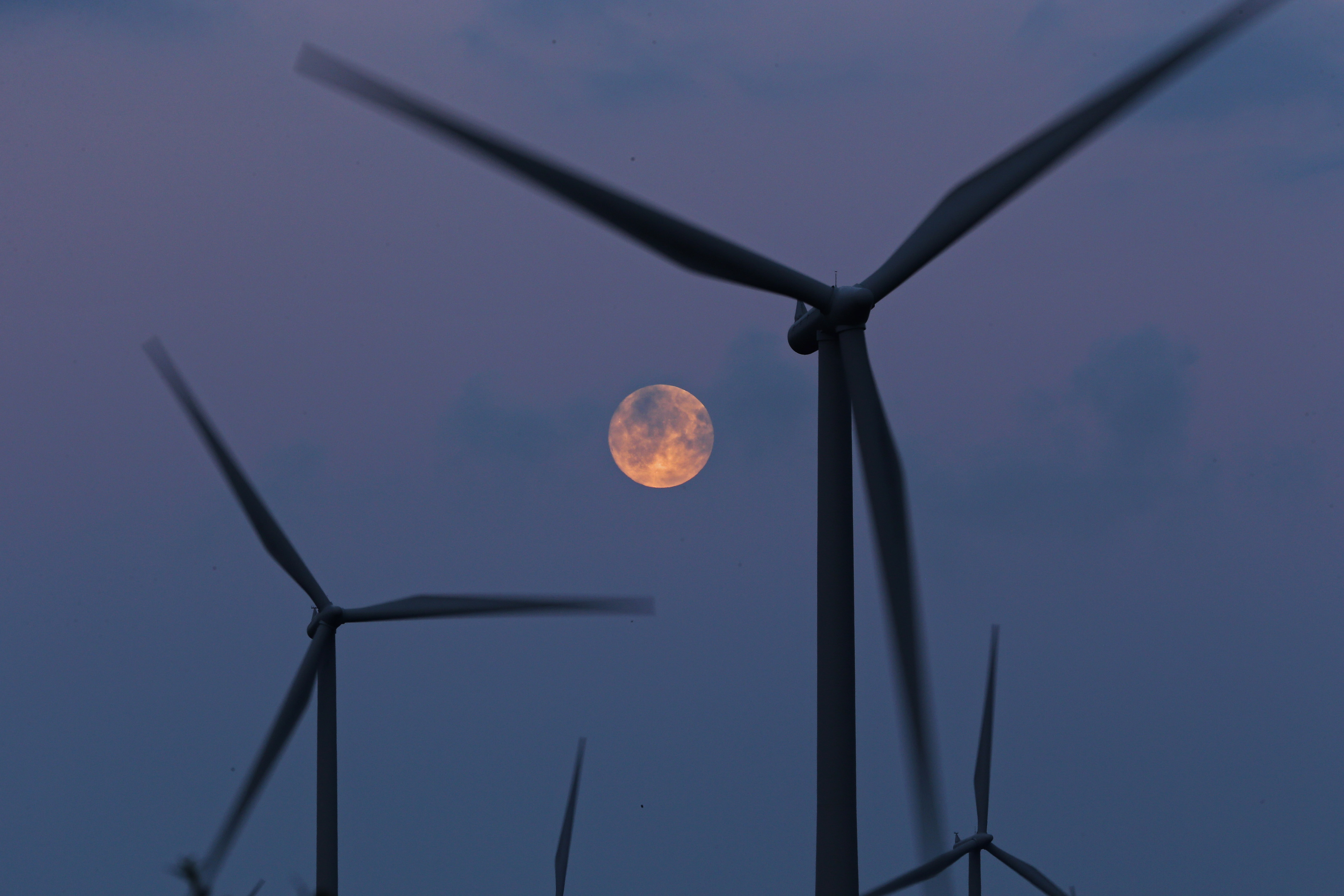 The moon rises behind the turbines of Whitelees Windfarm (Christopher Furlong/Getty Images)