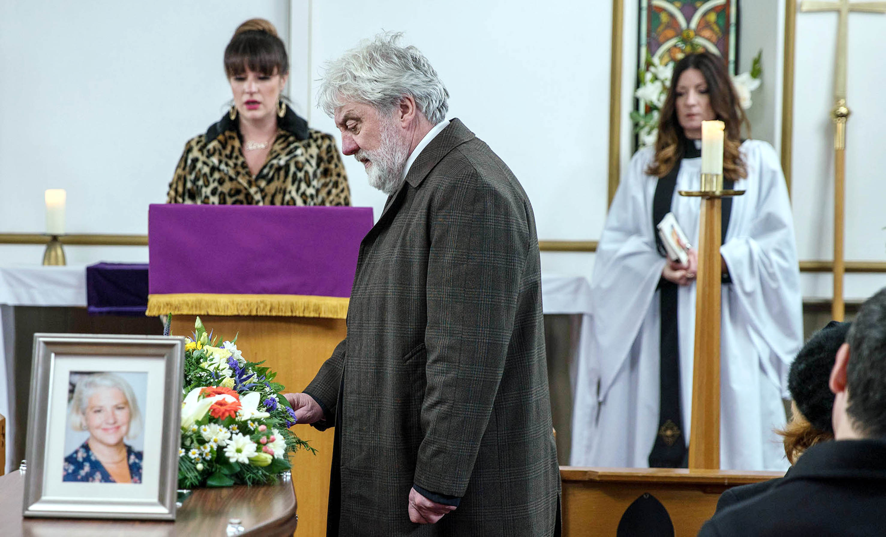 Zak Dingle (Steve Haliwell) paying his respects during the funeral service for his estranged wife Joanie Wright, as Kerry Wyatt (left) played by Laura Norton tearfully rants at him for letting down Joanie both in life and death. (ITV/PA Wire)