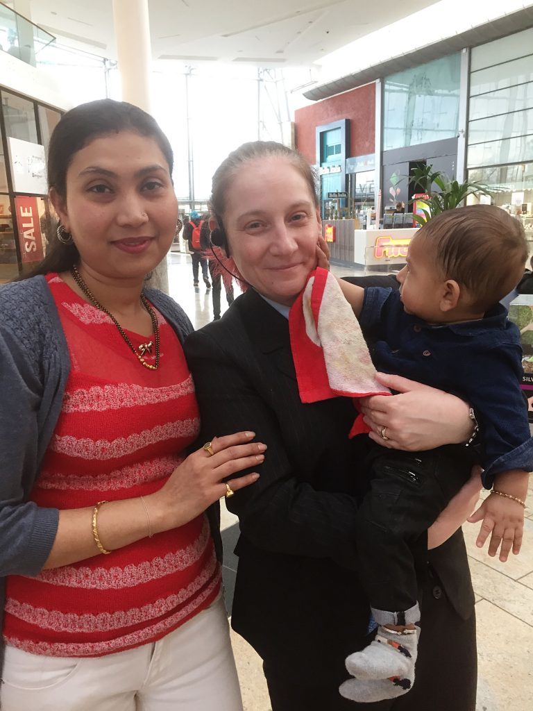 Krishna Barot (left) with her baby Nitul and security guard Michelle McKeller, who helped deliver Nitul after Krishna went into labour unexpectedly at Silverburn shopping centre in Glasgow. (Lucinda Cameron/PA Wire)