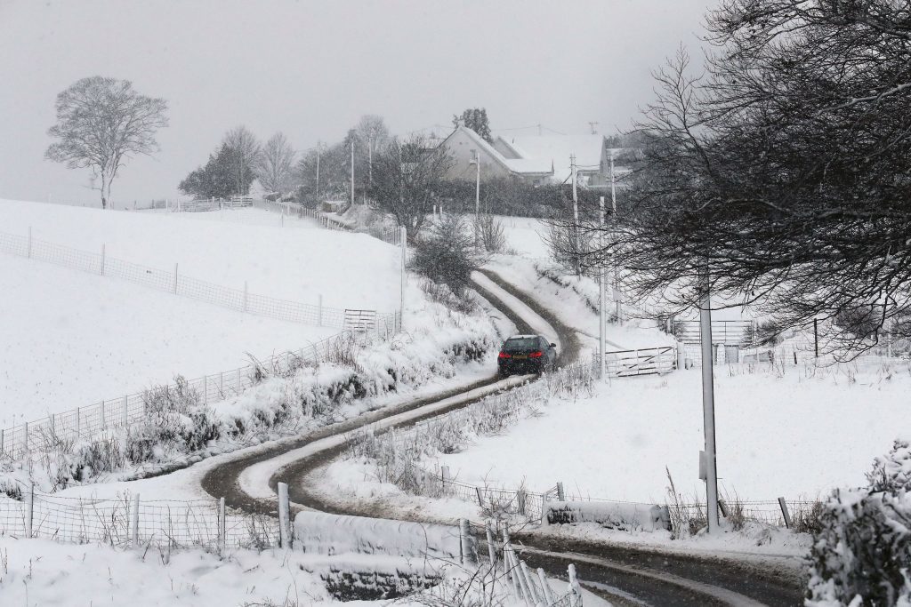 Snow in Denny, as flights have been cancelled and commuters were warned they faced delays after Storm Doris reached nearly 90mph on its way to batter Britain. PRESS ASSOCIATION Photo. Picture date: Thursday February 23, 2017. See PA story WEATHER Storm. Photo credit should read: Andrew Milligan/PA Wire