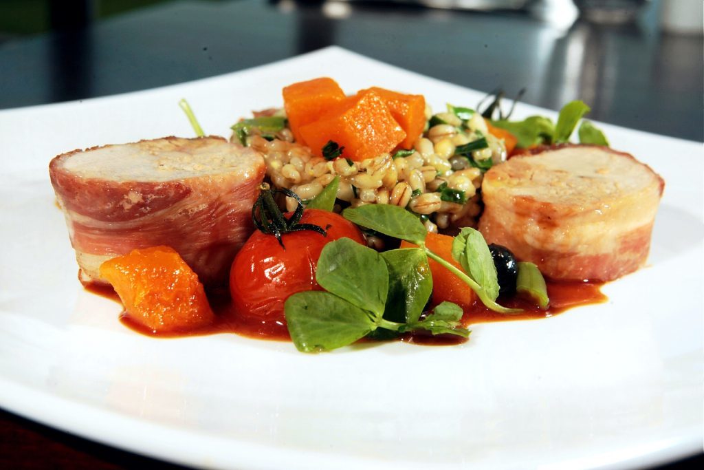 .Guinea Fowl Breast Wrapped in Parma Ham on a barley and sweetcorn risotto with butternut squash, blueberry and basil jus. (John Stevenson. Courier, DC Thomson)