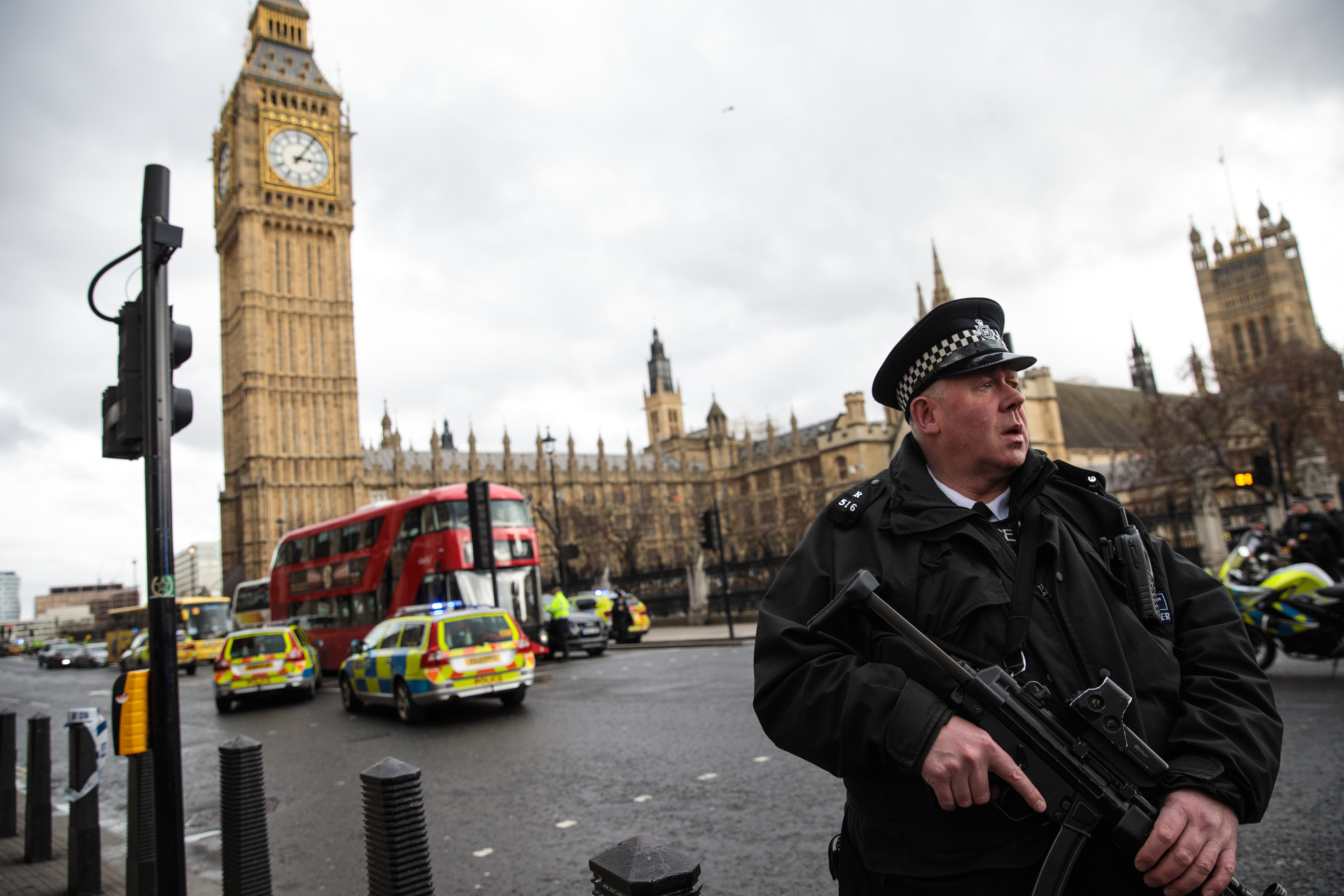 An armed police officer stands guard near Westminster Bridge (Jack Taylor/Getty Images)