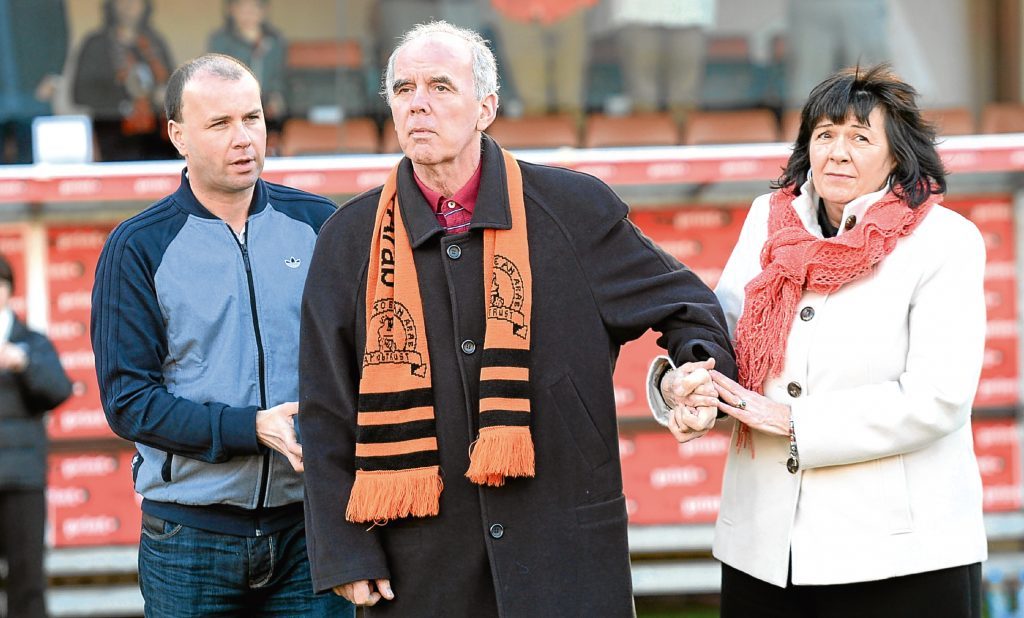 Ex-Dundee Utd ace Frank Kopel, and wife Amanda, make an appearance on the pitch at half time as part of the Frank Kopel Alzheimer's Awareness Campaign