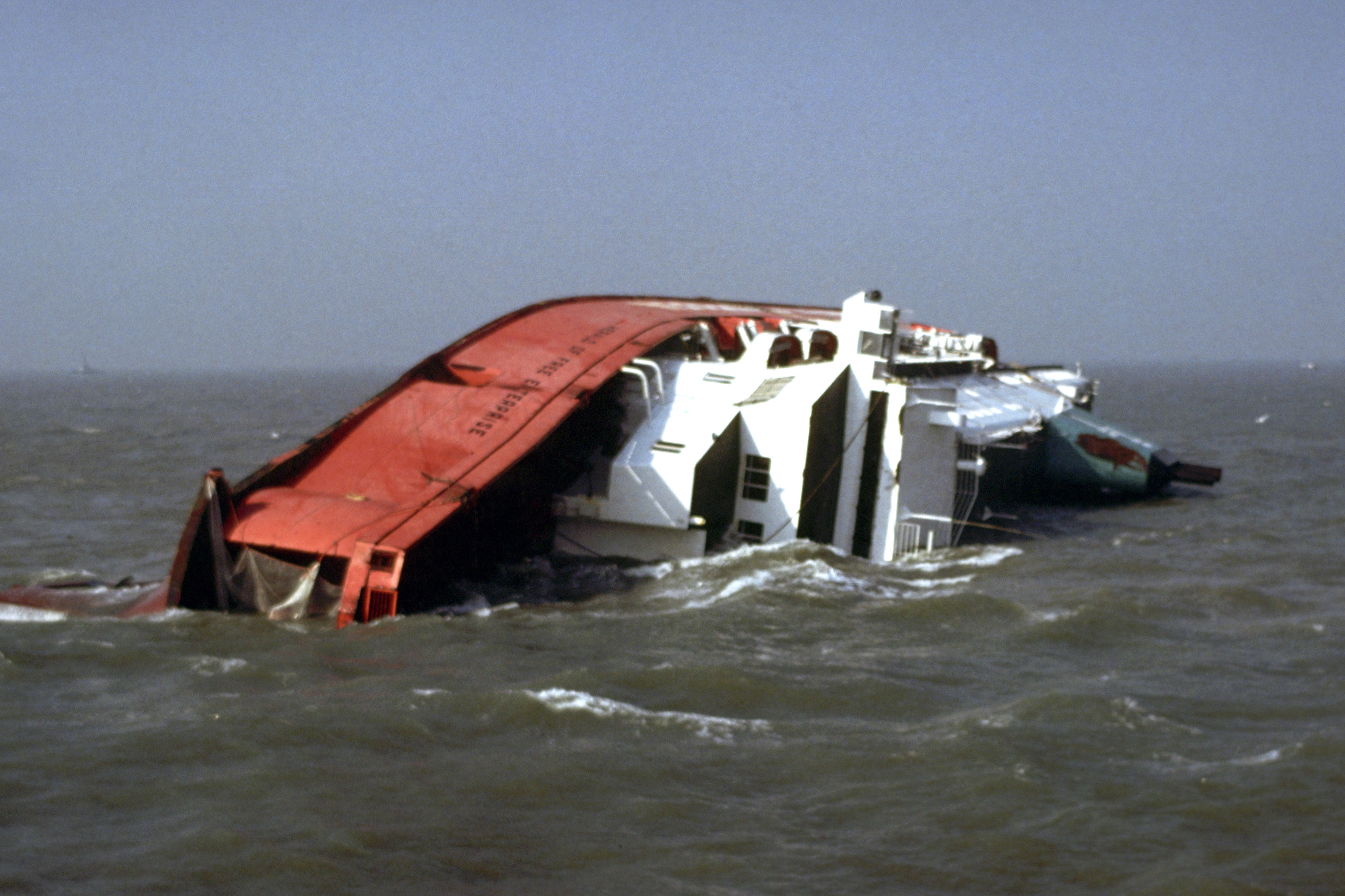 The Townsend Thorensen car ferry Herald of Free Enterprise, which capsized near the entrance to Zeebrugge Harbour, Belgium, on its way to Dover. (PA)