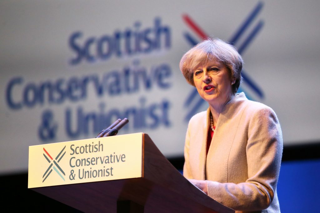 Prime Minister Theresa May speaking during the annual Scottish Conservative conference at the Scottish Exhibition and Conference Centre in Glasgow. (PA)