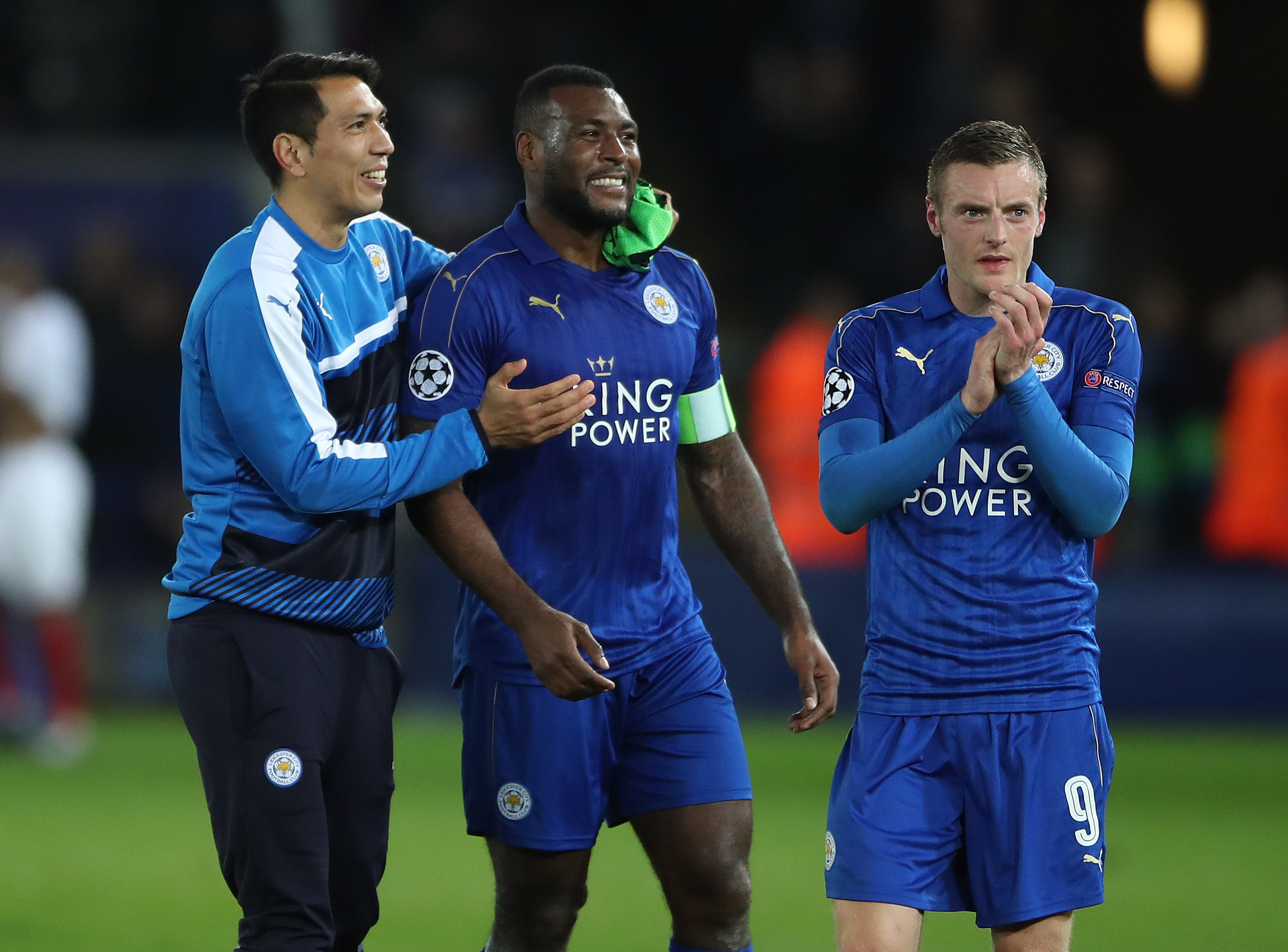 Leicester City's Leonardo Ulloa, Wes Morgan and Jamie Vardy celebrate after the final whistle during the UEFA Champions League, Round of 16, Second Leg match at the King Power Stadium, Leicester. (PA)