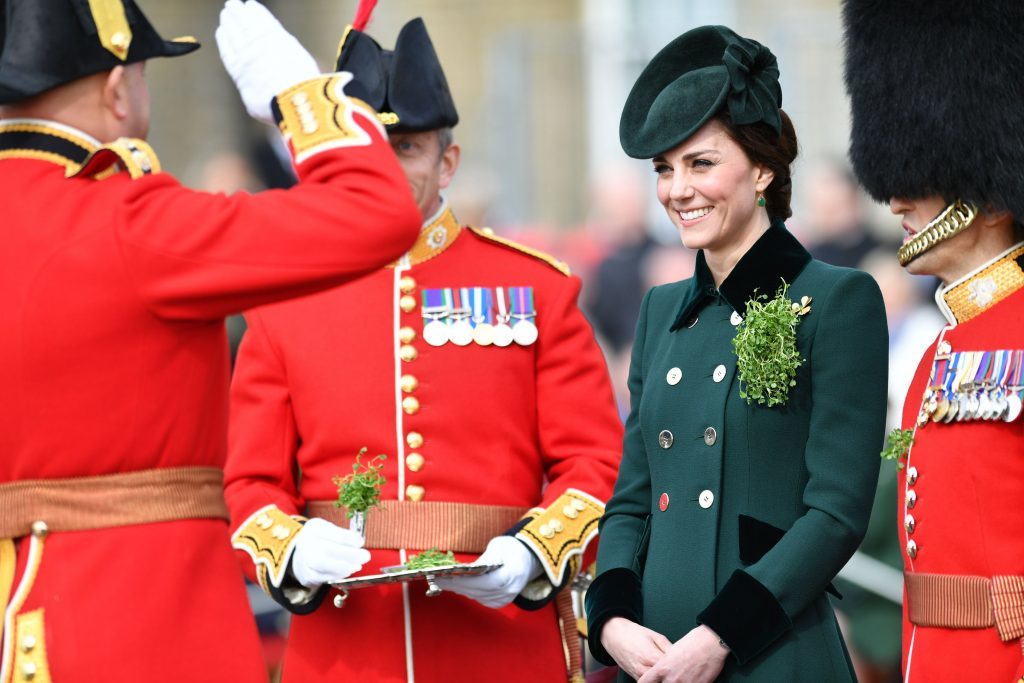 Ministry of Defence handout photo of the Duchess of Cambridge, visits the 1st Battalion Irish Guards during the St. Patrick's Day Parade, at the Cavalry Barracks, in Hounslow, where the Duchess will present the traditional sprigs of shamrock to the Officers and Guardsmen. PRESS ASSOCIATION Photo. Picture date: Friday March 17, 2017. See PA story ROYAL Cambridge. Photo credit should read: Sgt Rupert Frere/PA Wire NOTE TO EDITORS: This handout photo may only be used in for editorial reporting purposes for the contemporaneous illustration of events, things or the people in the image or facts mentioned in the caption. Reuse of the picture may require further permission from the copyright holder.