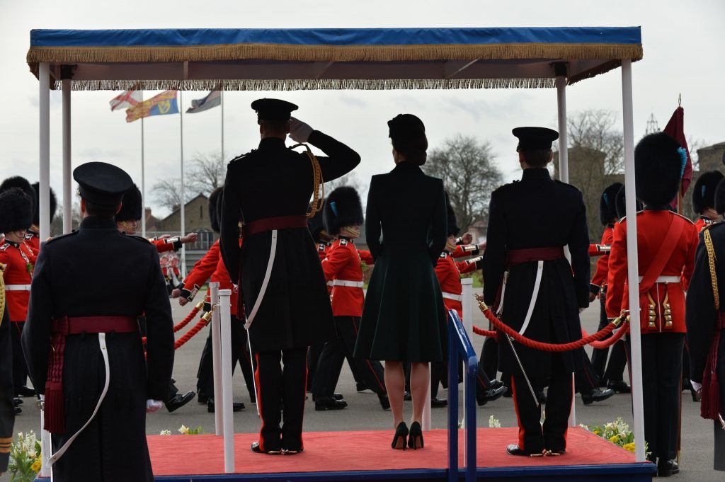 Ministry of Defence handout photo of the Duke of Cambridge, Colonel of the Irish Guards, and the Duchess of Cambridge, visit the 1st Battalion Irish Guards during the St. Patrick's Day Parade, at the Cavalry Barracks, in Hounslow, where the Duchess will present the traditional sprigs of shamrock to the Officers and Guardsmen. PRESS ASSOCIATION Photo. Picture date: Friday March 17, 2017. See PA story ROYAL Cambridge. Photo credit should read: Sgt Rupert Frere/PA Wire NOTE TO EDITORS: This handout photo may only be used in for editorial reporting purposes for the contemporaneous illustration of events, things or the people in the image or facts mentioned in the caption. Reuse of the picture may require further permission from the copyright holder.