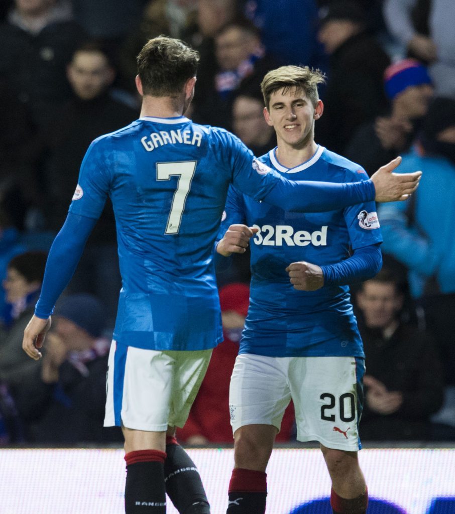 Rangers' Emerson Hyndman celebrates with Joe Garner after scoring a late winner (SNS Group)