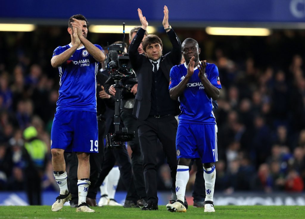 Chelsea manager Antonio Conte and players Ngolo Kante (right) and Diego Costa celebrate at full time during the Emirates FA Cup, Quarter Final match at Stamford Bridge, London. (Adam Davy/PA Wire.)