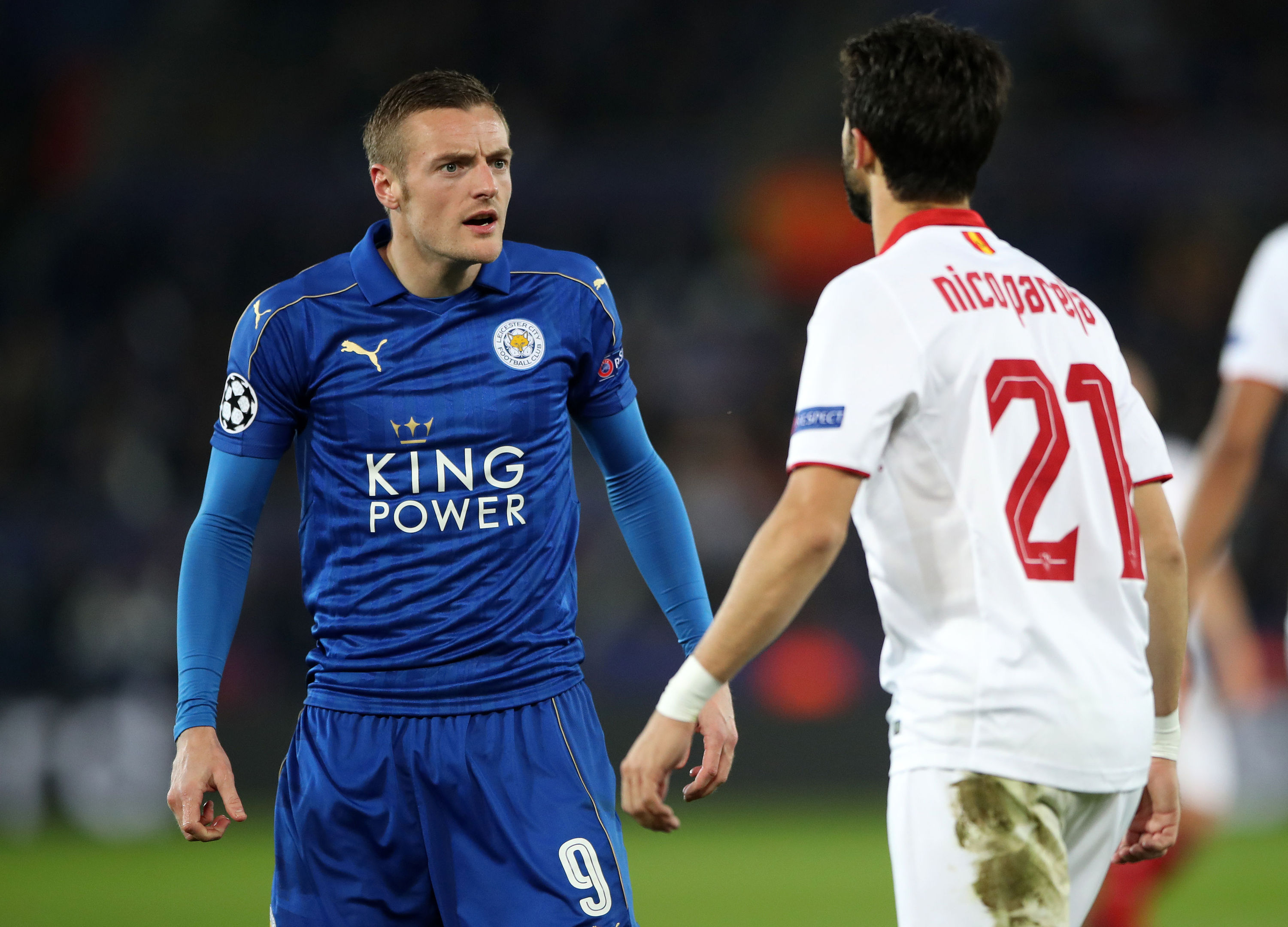 Tempers flare between Sevilla's Nicolas Pareja and Leicester City's Jamie Vardy during the UEFA Champions League (Nick Potts/PA Wire)