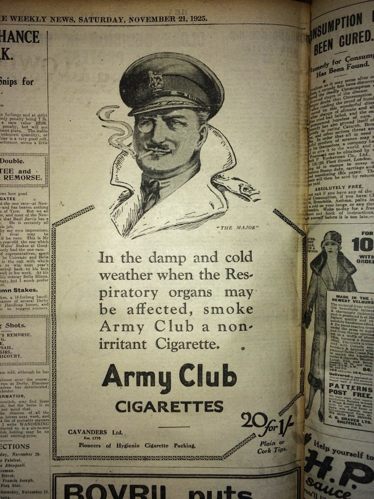 The Weekly News carried this Army Club advert in a 1925 issue, encouraging us to smoke this less-irritating brand in winter.