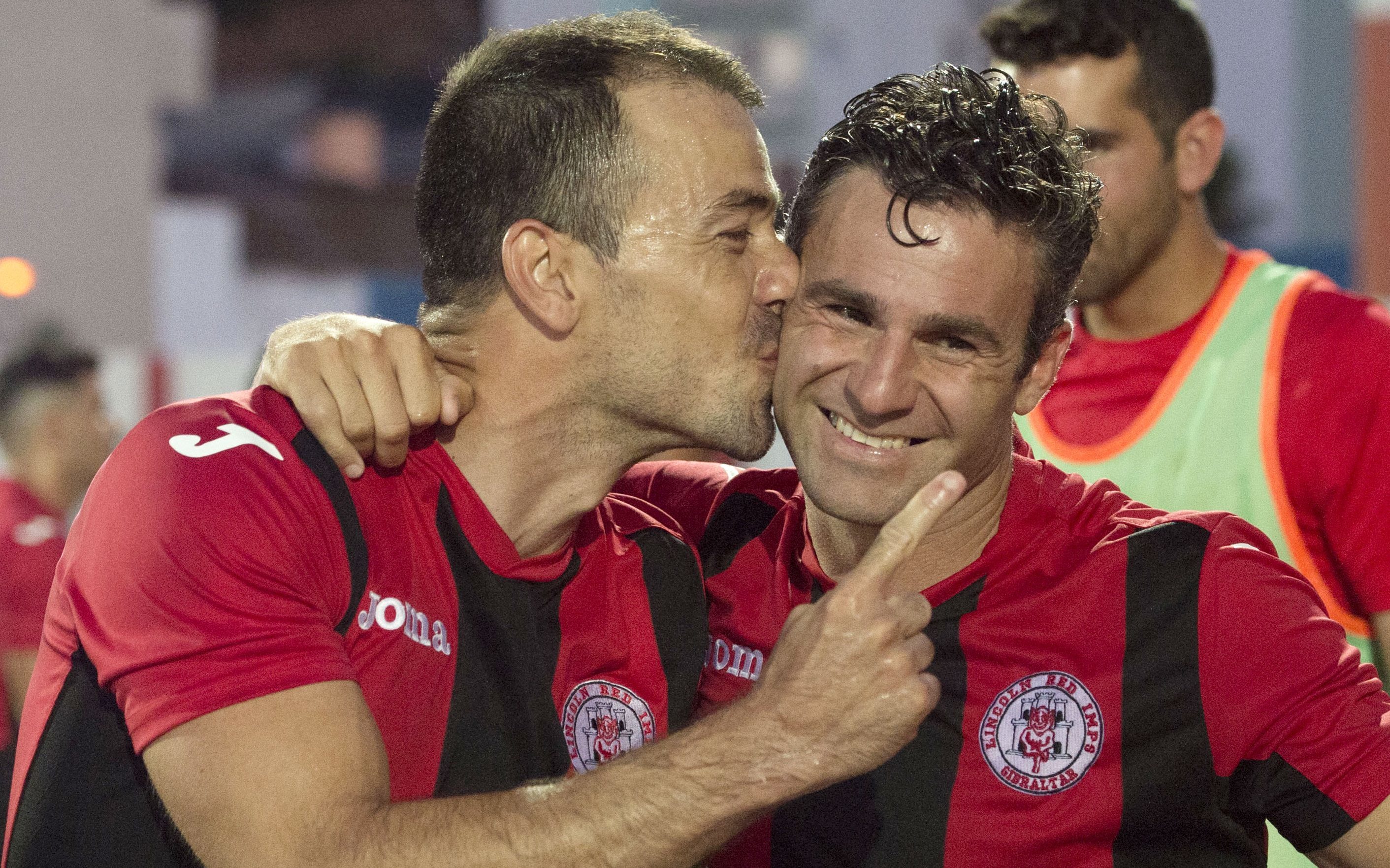 Lincoln Red Imps' Lee Casciaro (right) and Roy Chipolina celebrate their shock win (SNS Group)