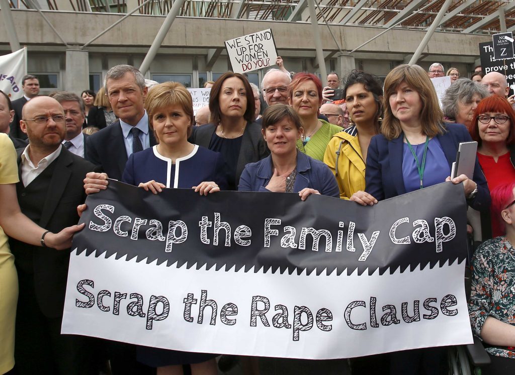 Party Leaders Patrick Harvie, Willie Rennie, Nicola Sturgeon and Kezia Dugdale join 'rape clause' protest outside the Scottish Parliament today (Fraser Bremner)