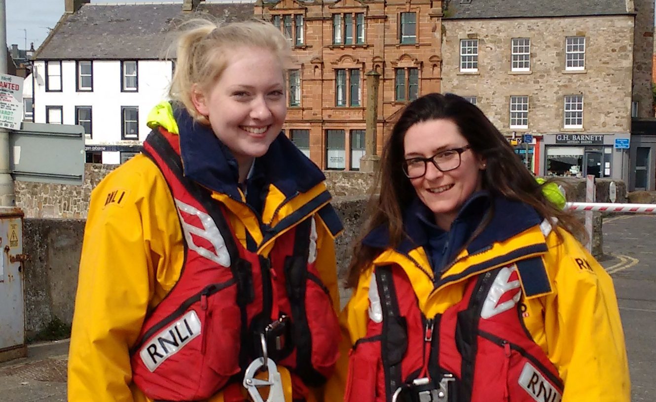 Danielle Marr 18 (left) and Louise McNicoll, 30, after their first emergency call out on the Anstruther lifeboat (Anstruther RNLI/PA Wire)