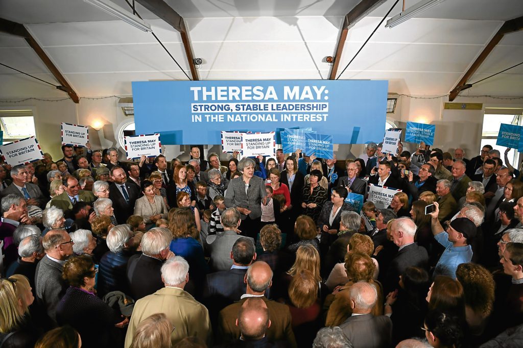 British Prime Minister Theresa May speaks at an election campaign rally on April 29, 2017 in Banchory, Scotland (Jeff J Mitchell/Getty Images)