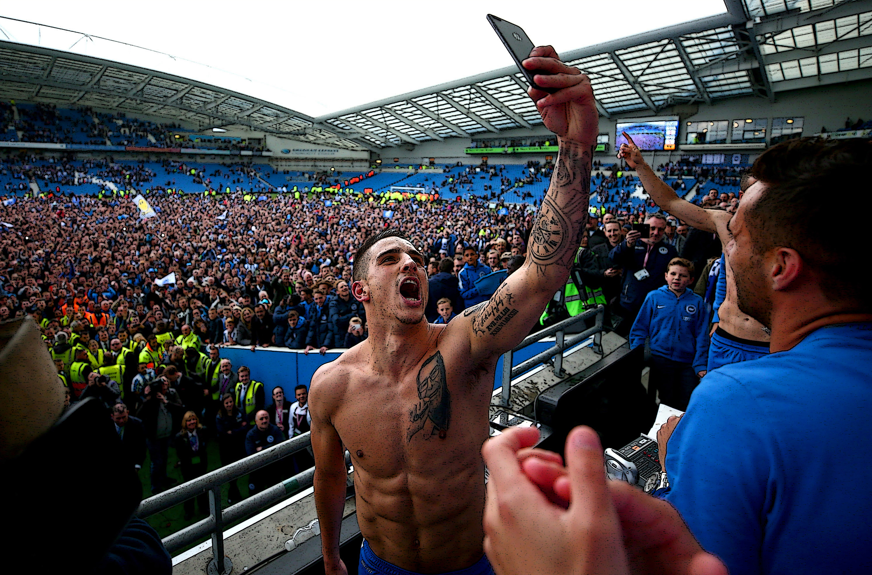 Anthony Knockaert of Brighton & Hove Albion celebrates with team-mates in the stands (Dan Istitene/Getty Images)