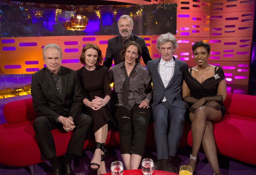 Host Graham Norton with (seated left to right) Warren Beatty, Keeley Hawes, Miranda Hart, Peter Capaldi and Jennifer Hudson (PA Images on behalf of So TV)