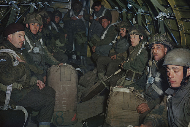 British paratroopers preparing for a practice jump from an RAF Dakota based at Down Ampney in Wiltshire, 22 April 1944 (Ted Dearberg/IWM/PA Wire)