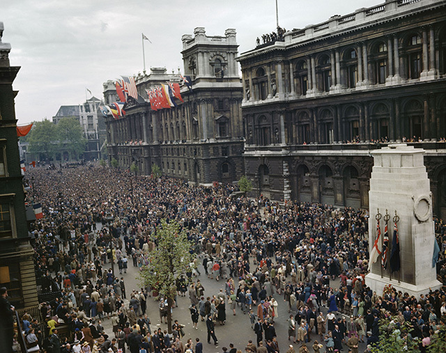 Crowds celebrating VE Day near the Cenotaph in Whitehall, 8 May 194 (Ted Dearberg/IWM/PA Wire)
