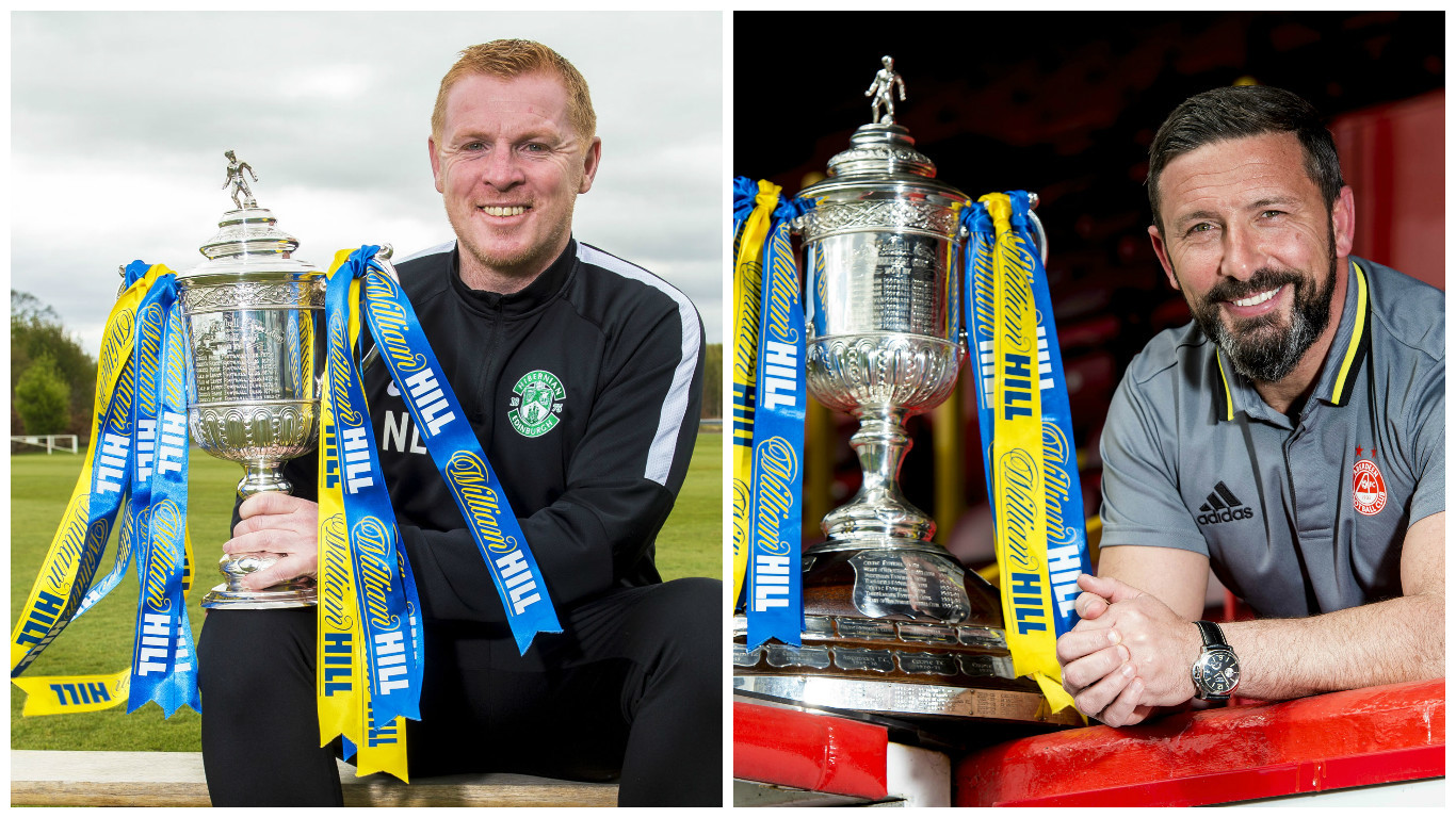 Neil Lennon and Derek McInnes get their hands on the trophy (SNS Group / Bill Murray & Craig Williamson)