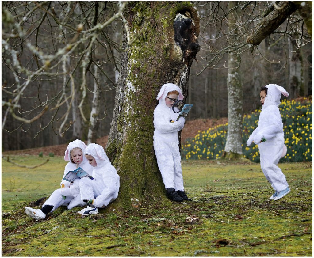 Easter Bunnies Amelia Campbell, Mateusz Rozycki, Rory Hill and Gabriella Njuguna from Hill of Banchory Primary get ready for the 10th annual Cadbury Egg Hunt at Crathes Castle in Aberdeenshire this Easter Weekend (14-17 April). Forty-seven National Trust for Scotland locations across Scotland will take part in the 2017 event, with over 36,000 chocolate treats on offer for participating children. Press Release from Artisan PR, 07803 945043