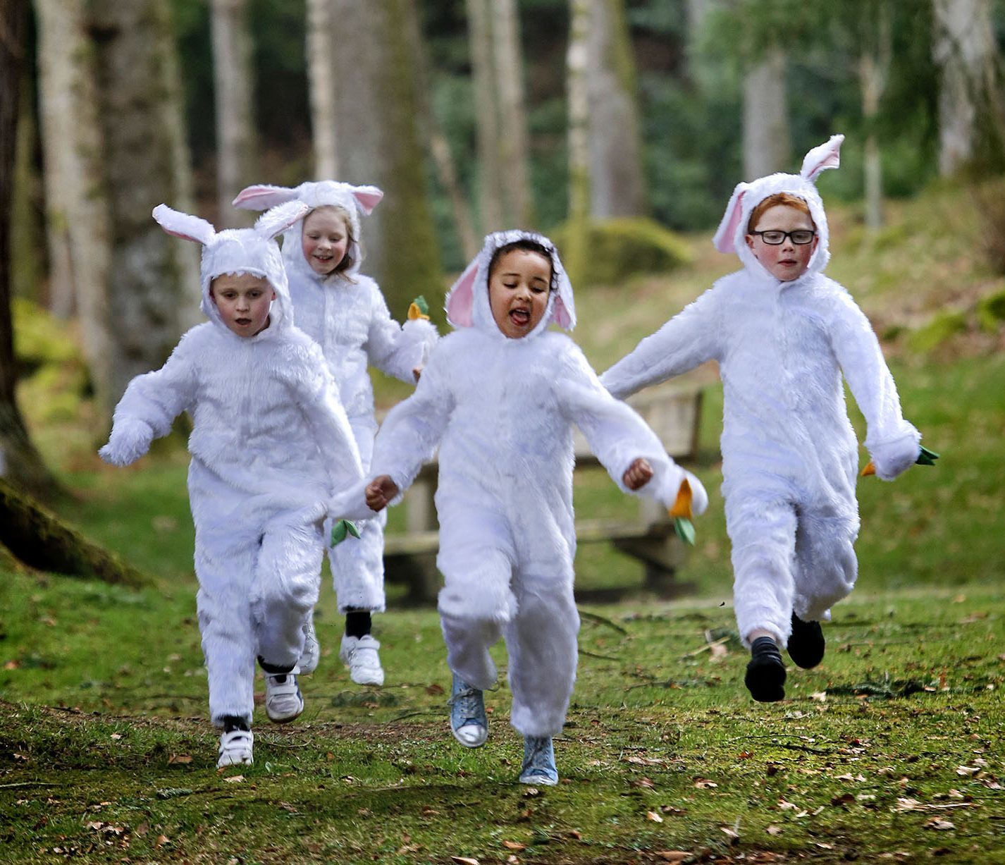 Easter Bunnies Mateusz Rozycki, Amelia Campbell, Gabriella Njuguna and Rory Hill from Hill of Banchory Primary get ready for the 10th annual Cadbury Egg Hunt at Crathes Castle in Aberdeenshire this Easter Weekend (14-17 April). Forty-seven National Trust for Scotland locations across Scotland will take part in the 2017 event, with over 36,000 chocolate treats on offer for participating children.