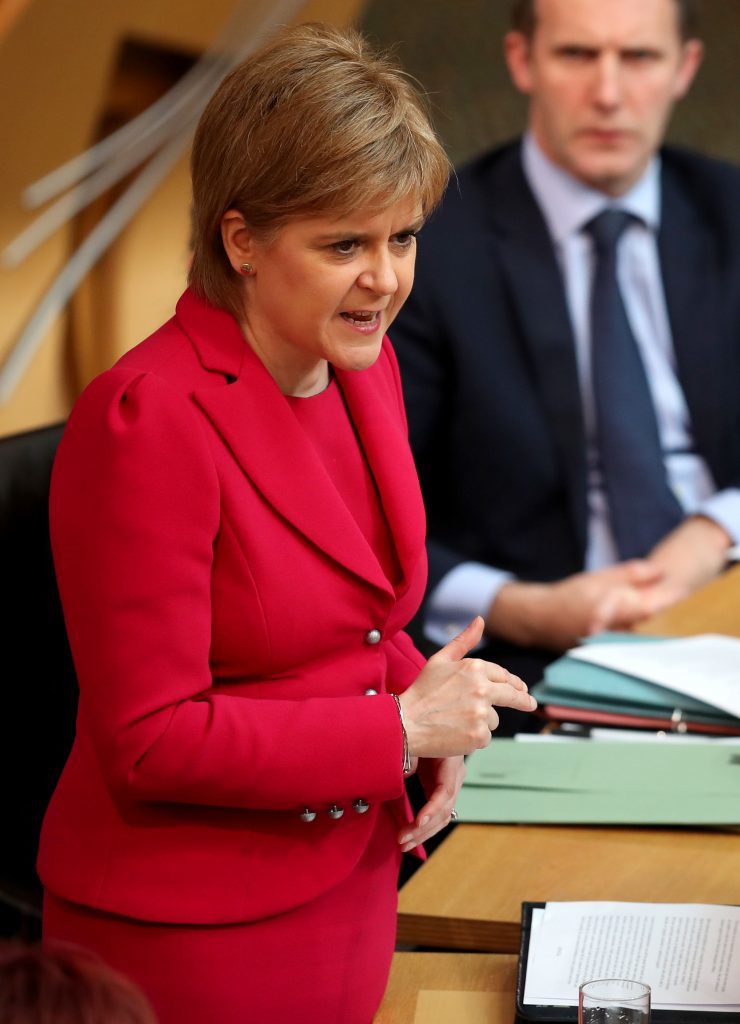 First Minister Nicola Sturgeon, in the main chamber of the Scottish Parliament, Edinburgh, during the debate against the UK Government's so-called "rape clause" for tax credits. (Jane Barlow/PA Wire)