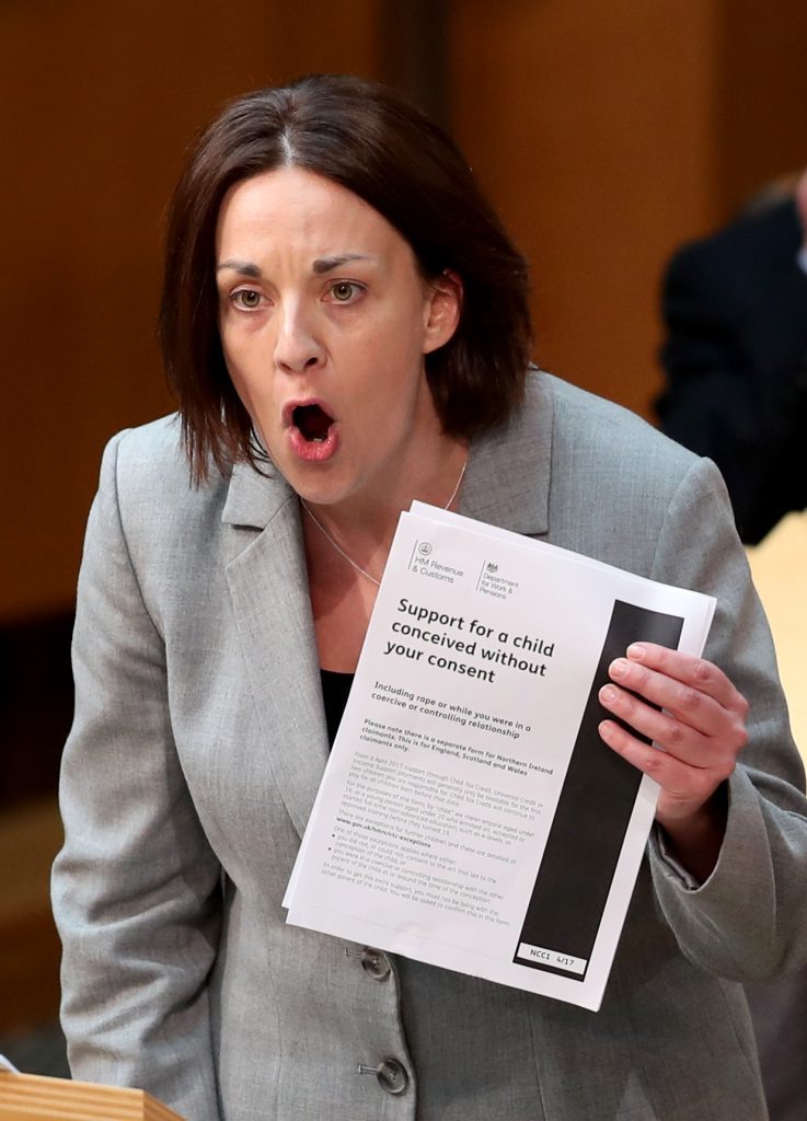 Scottish Labour leader Kezia Dugdale, in the main chamber of the Scottish Parliament, Edinburgh, during the debate against the UK Government's so-called "rape clause" for tax credits. (Jane Barlow/PA Wire)