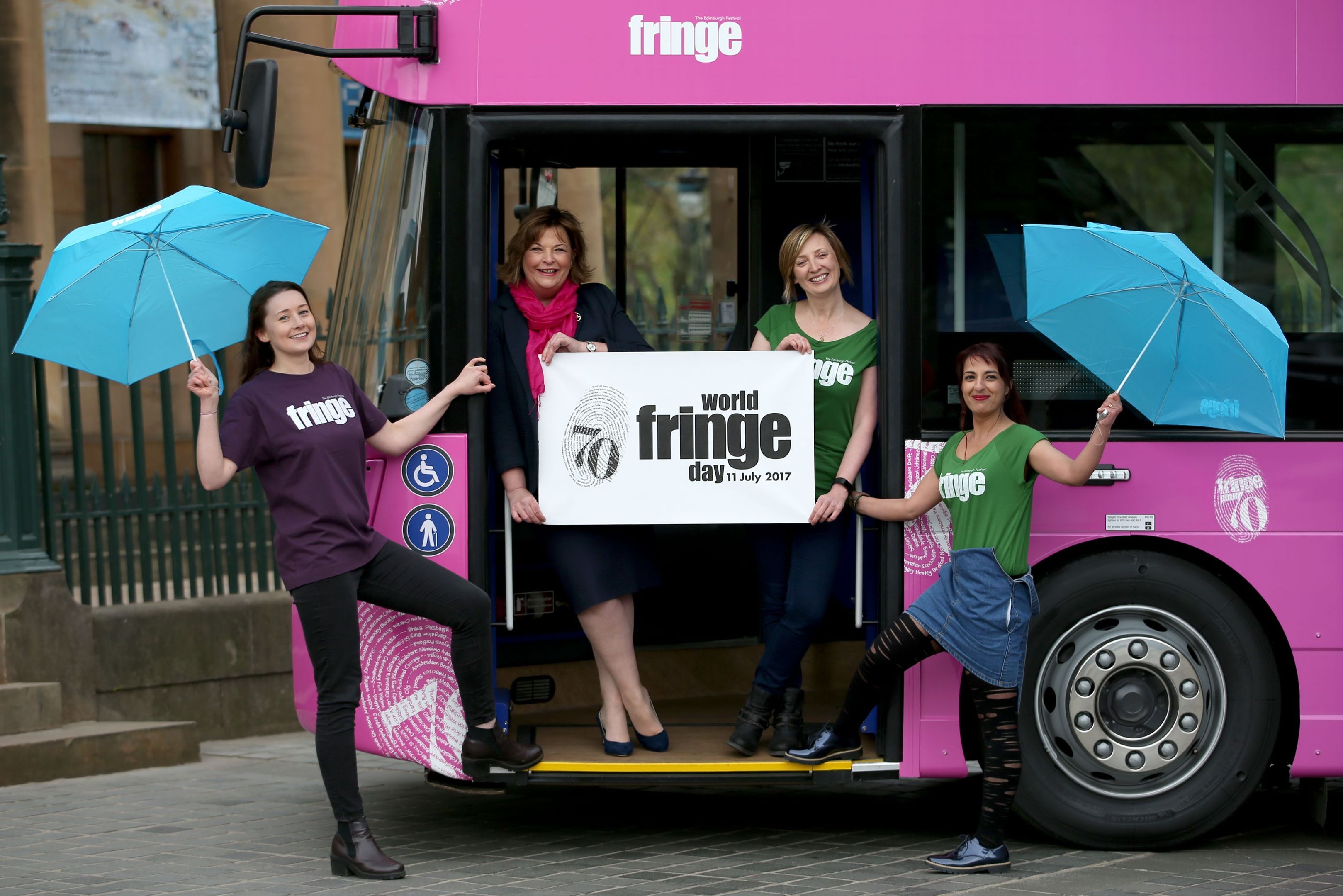 Rachael Cowie (left), Elizabeth Burchill (second right) and Navida Galbraith (right) from the Edinburgh Festival Fringe Society with Cabinet Secretary for Culture, Tourism and External Affairs Fiona Hyslop (second left), help launch the inaugural World Fringe Day in Edinburgh. 7. (Jane Barlow/PA Wire)