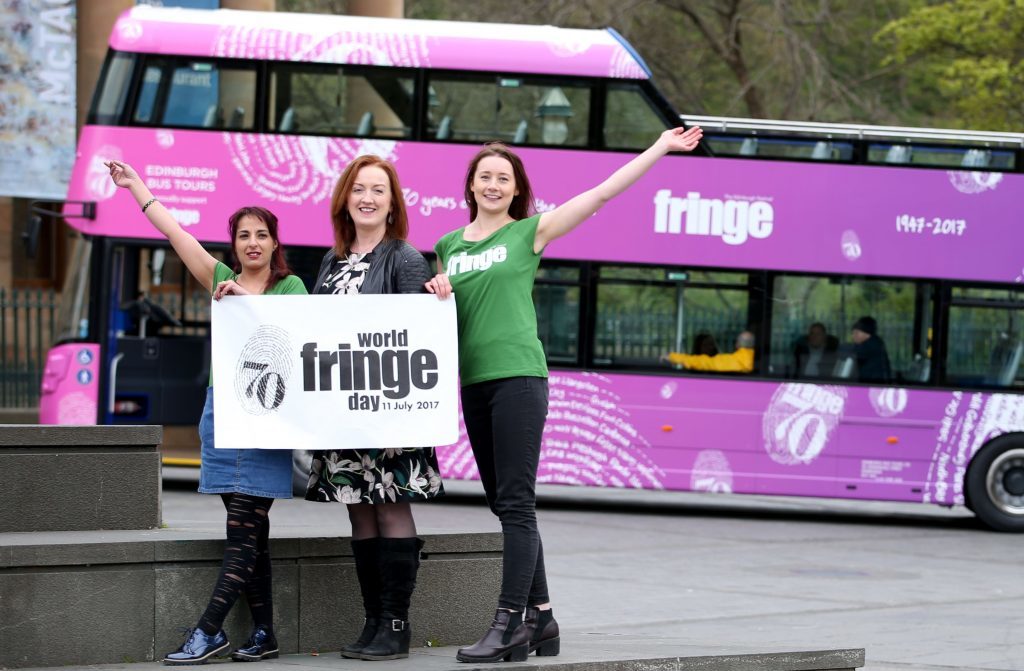 (left to right) Navida Galbraith, Chief Executive Shona McCarthy and Rachael Cowie from the Edinburgh Festival Fringe Society, help launch the inaugural World Fringe Day in Edinburgh. PRESS ASSOCIATION Photo. Picture date: Tuesday April 25, 2017. The international day of celebration will take place on Tuesday July 11, 2017 with more than 200 fringes from across the world joining together to reflect on the collective power and worldwide reach of the fringe movement. See PA story SCOTLAND Festival. Photo credit should read: Jane Barlow/PA Wire