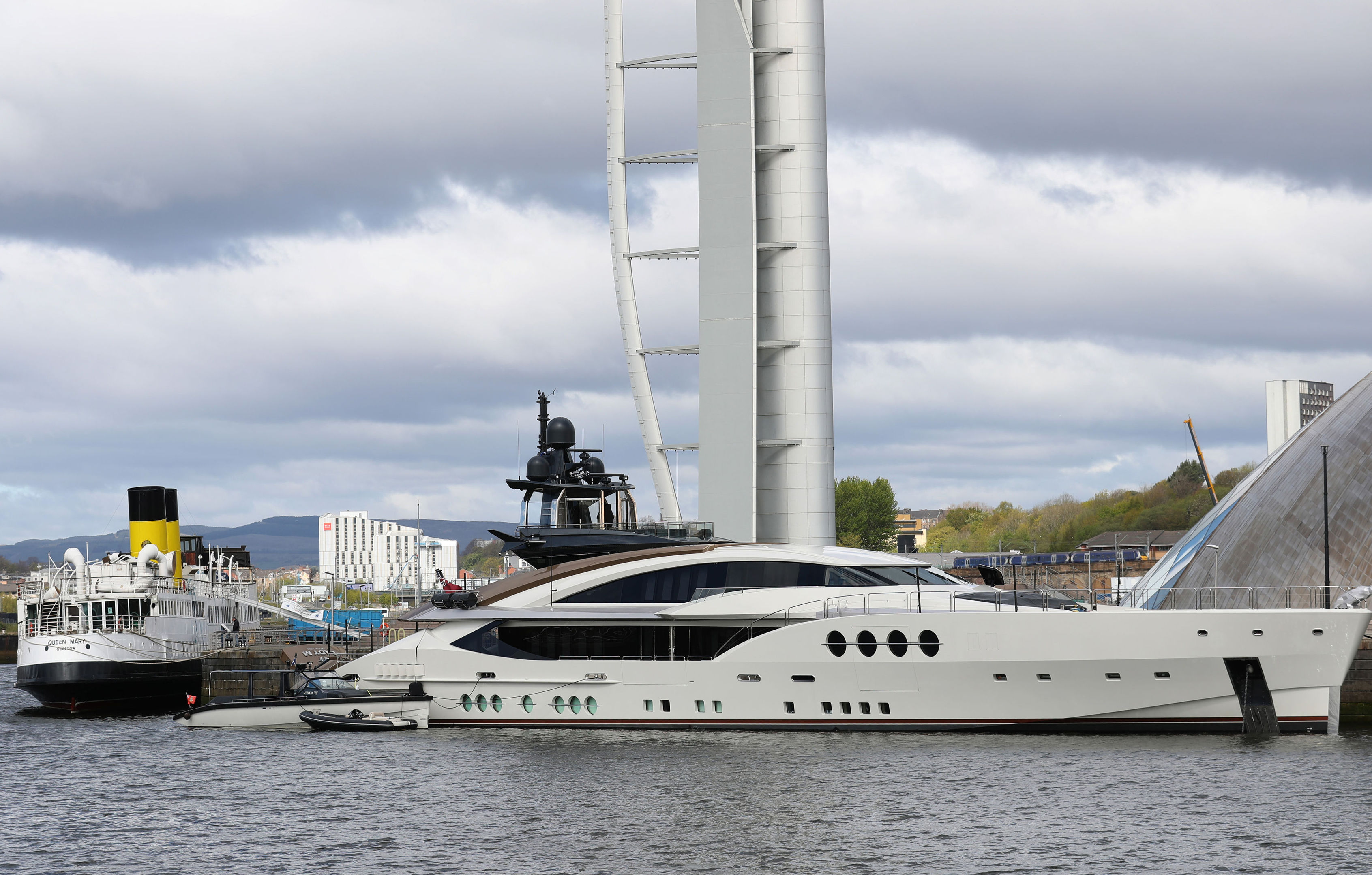 LADY M moored next to the Glasgow Science Centre next to the retired Clyde steamer Queen Mary (Andrew Milligan/PA Wire)