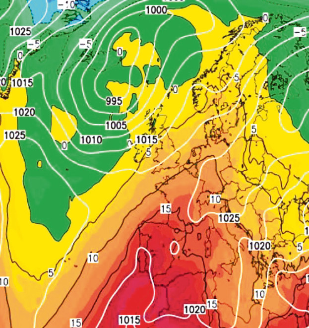 The hot air bringing Britain's three-day subtropical sizzle is shown in orange and red on this weather map for Tuesday (May 17). Britain will be hotter than Hawaii as the hottest days of the year see up to 27C (81F) in the East ? but the West faces washouts and 50mph gales. (The Weather Outlook, Alistair Grant)