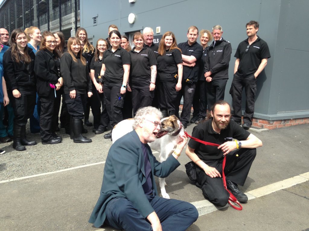 Tony Roper with Arrow the Lurcher and Scottish SPCa staff after he unveiled a dedication to Rikki and Kate Fulton (Gillian Furmage/DC Thomson)