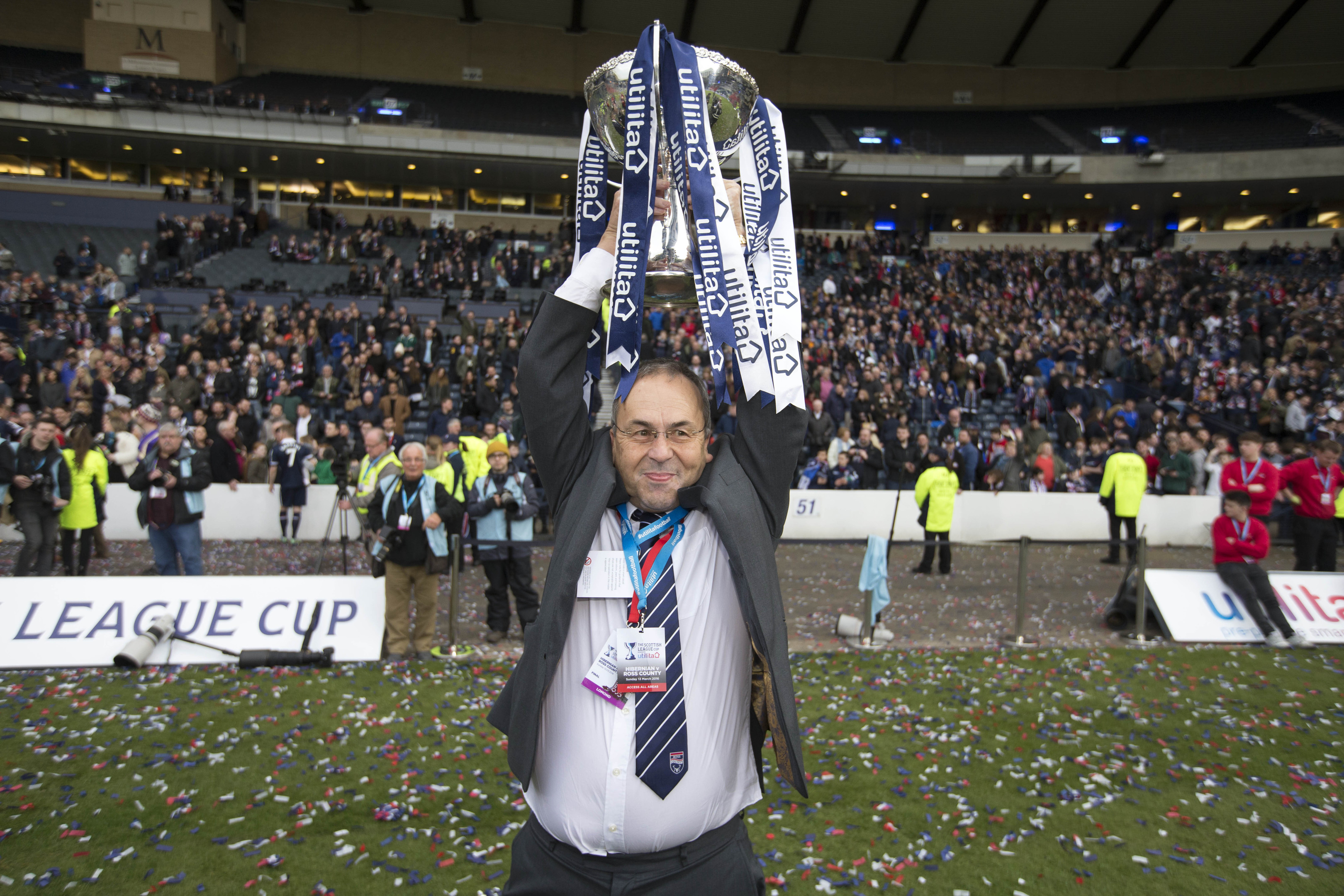 Ross County chairman Roy McGregor celebrates with the trophy after winning the Scottish League Cup Final at Hampden Park, Glasgow (PA)