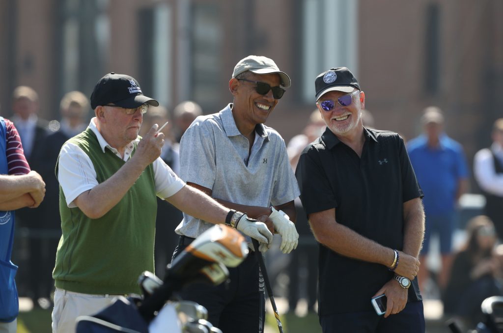 Obama and Sir Tom Hunter (right) as they prepare to tee off (Andrew Milligan/PA Wire)