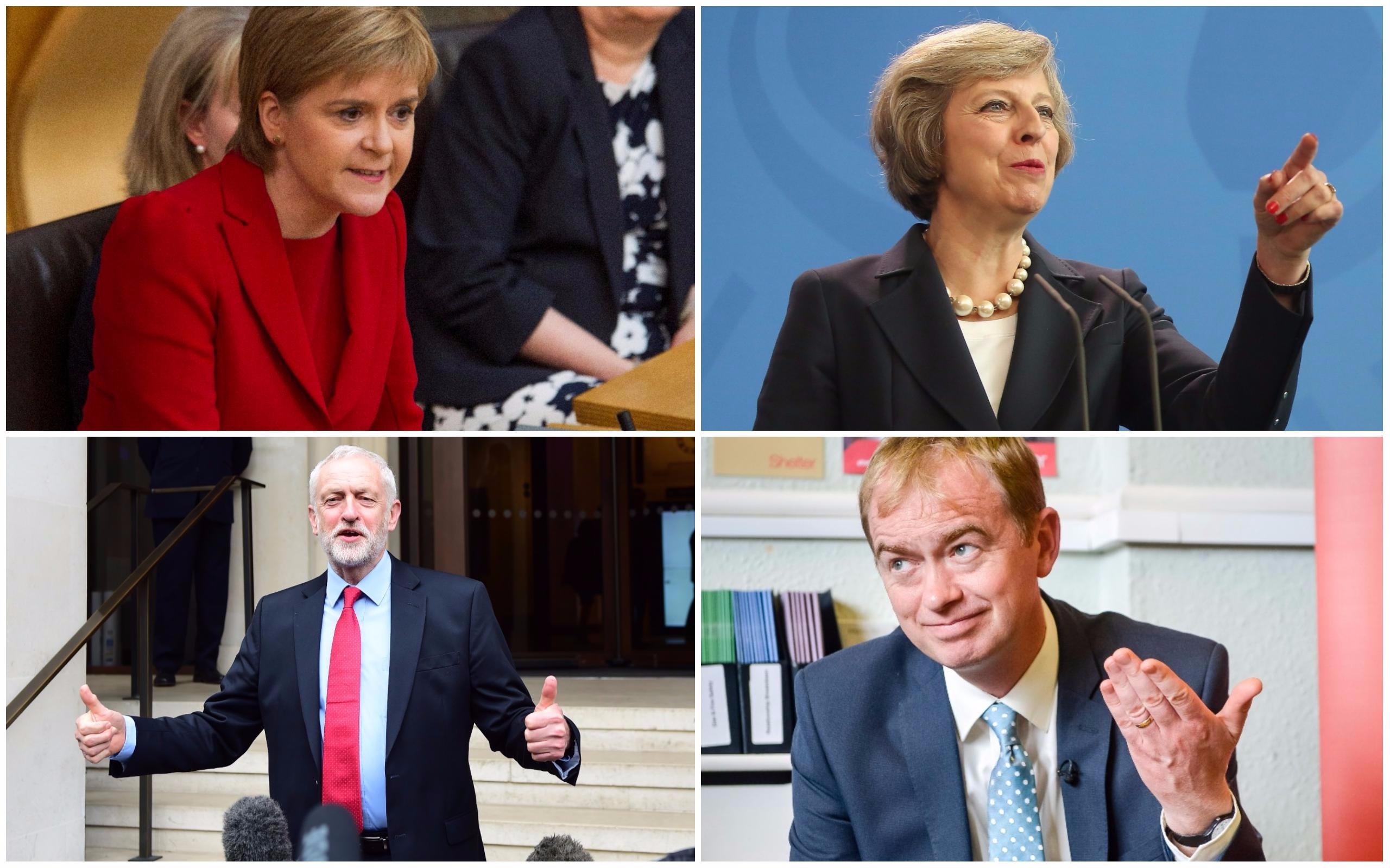 Theresa May (Adam Berry/Getty Images), Nicola Sturgeon (SWNS), Labour leader Jeremy Corbyn (PA), Leader of the Liberal Democrats Tim Farron (PA)