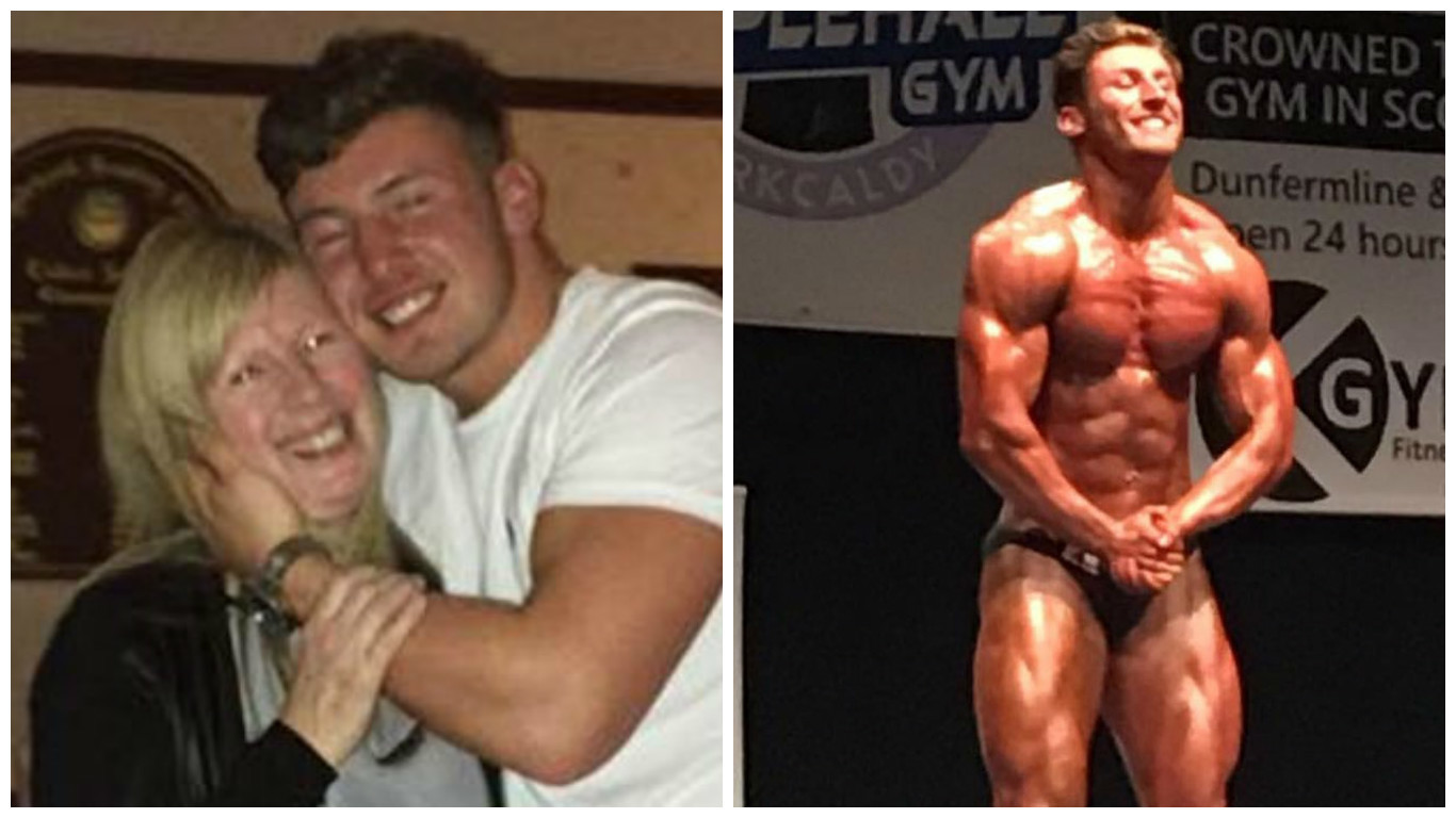 Stuart McLevy, who died in a jet ski accident, with his mother, Catherine (left) and during a body building competition