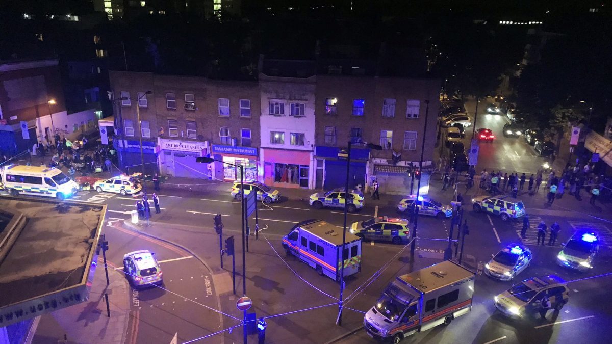 Picture taken with permission from the Twitter feed of Thomas Van Hulle @Thomasvanhulle showing police activity on the Seven Sisters Road in north London (Thomas Van Hulle/PA)